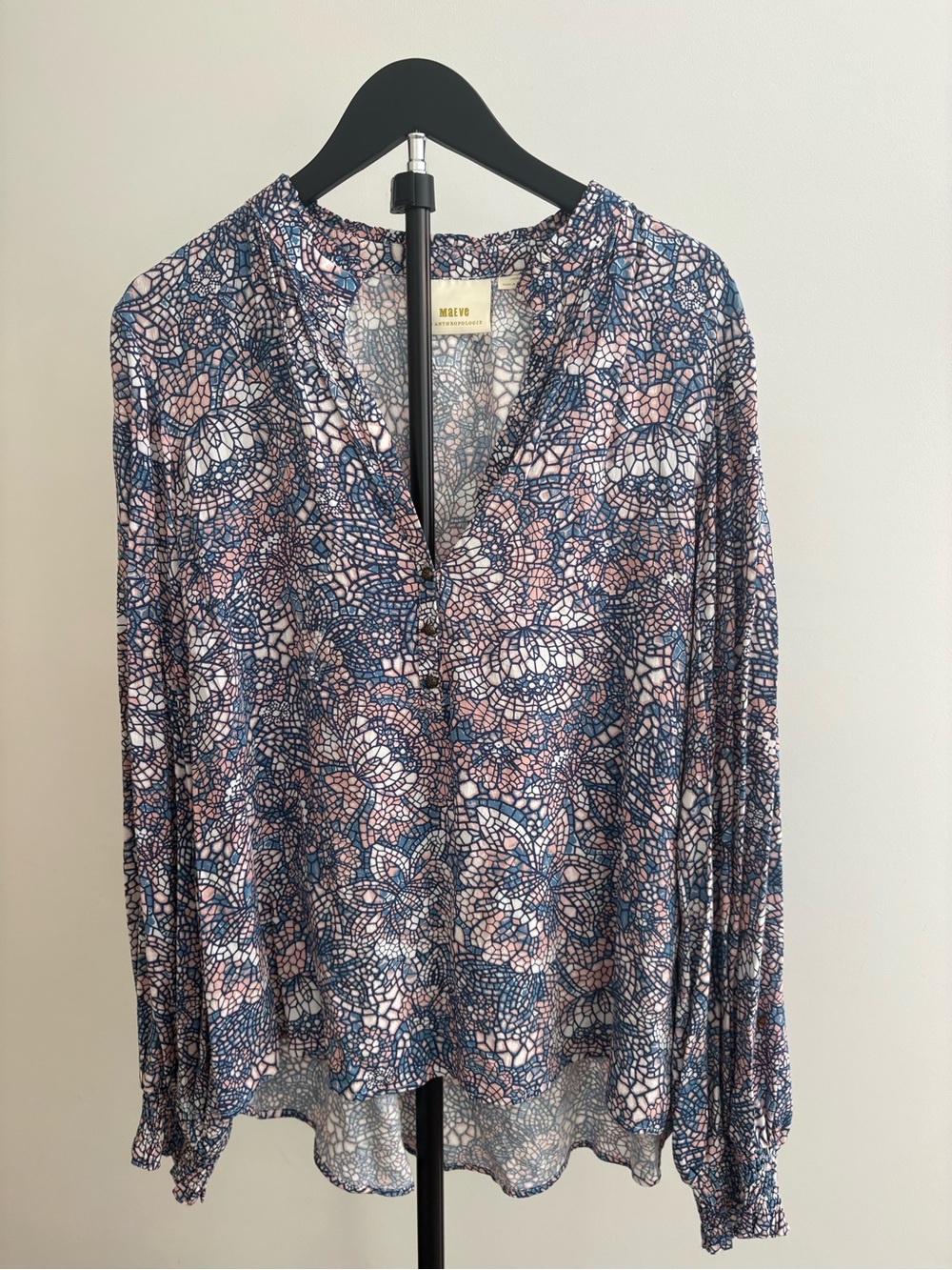 Anthropologie Mosaic Floral Split-Neck Blouse - Pink & Blue